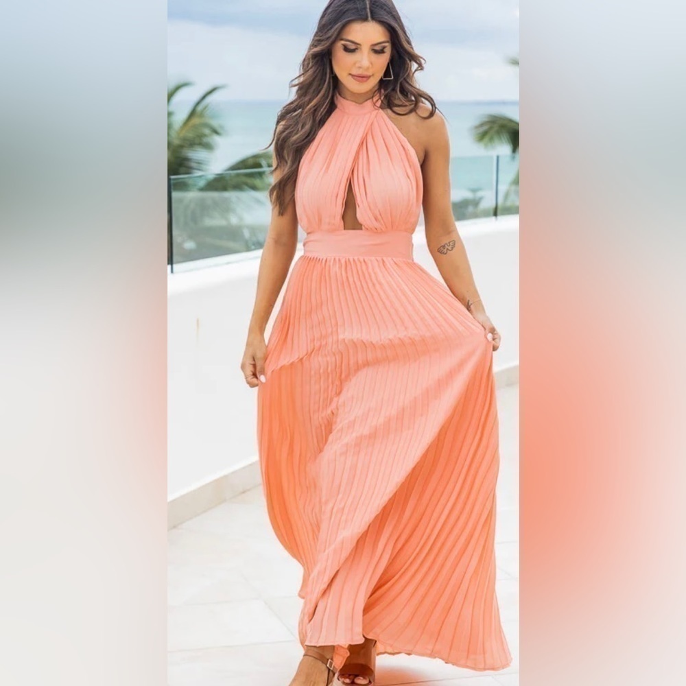 Pink Lily Sunny Gleam Orange Accordion Halter Maxi Dress NWOT